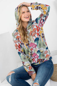 Whimsical Mushroom Print Hoodie with Pocket: MEDIUM