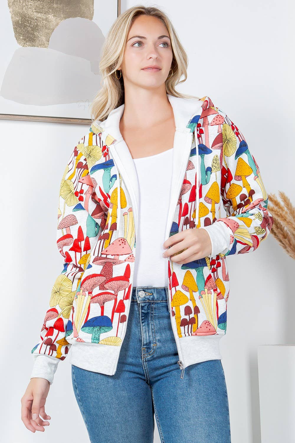 Whimsical Mushroom Fleece Zipper Hoodie: M