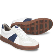 men's white sneakers with blue accents and brown soles
