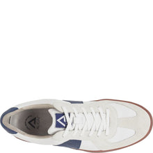 men's white sneaker with blue accents with brown gum sole