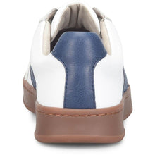 men's white sneaker with blue accent and brown sole 
