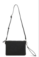 Black woven handbag with a strap