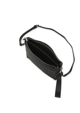 Black woven handbag showing inside with a strap 