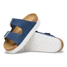 Blue sandal with cork footbed on a white platform sole