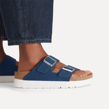 Blue sandals with cork sole styled with blue jeans 