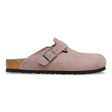light purple suede clog shoe with a buckle