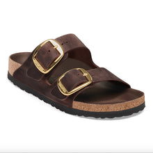Brown leather sandal with two straps ang gold buckles