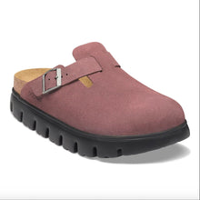 Birkenstock platform clog in pink suede with a black lug sole, cork footbed, and silver buckle