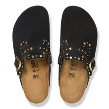 Women's black suede clog with gold 