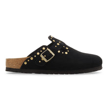Women's black suede clog with gold 