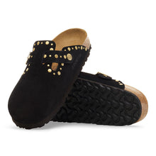 Women's black suede clog with gold 