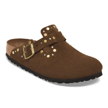 Brown suede clog with gold buckle and studs 