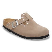 women's taupe suede clog with silver 