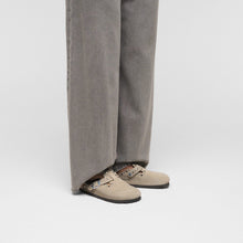 women's taupe suede clog with silver 