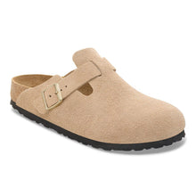 Beige suede clog shoe with a gold buckle