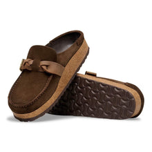 Pair of brown leather clogs with a birkenstock textured sole 