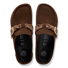 Pair of brown suede clogs with braided details 