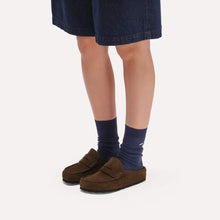 Birkenstock women's brown suede loafer clog styled with denim shorts 