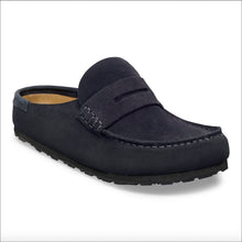 A dark navy blue suede loafer slip-on shoe with a black sole