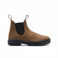 A brown leather Blundstone Chelsea boot with a black elastic side panel and a black sole