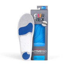 Currex insole with blue and white design next to its packaging