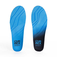 Blue shoe insoles with CUR REX branding 