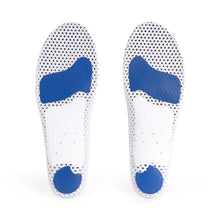 Pair of shoe insoles with blue arch supports 