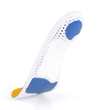 White shoe insole with blue accents on bottom of footbed