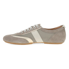 Dansko Sneaker with a suede gray taupe upper with white accents