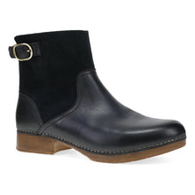 Black ankle boot with a brown sole 
