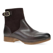 Brown leather and suede ankle boot with a gold buckle 