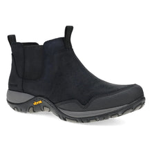 A black Chelsea ankle boot with elastic side panels and a rugged sole
