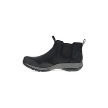 A black Chelsea ankle boot with elastic side panels and a rugged sole