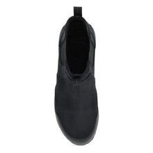 A black Chelsea ankle boot with elastic side panels and a rugged sole