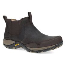 A dark brown ankle Chelsea boot with elastic side panels, a pull tab, and a rugged Vibram sole