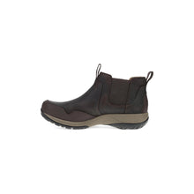 A dark brown ankle Chelsea boot with elastic side panels, a pull tab, and a rugged Vibram sole