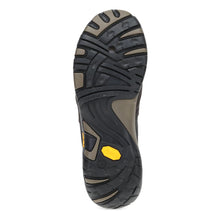 The outsole of a chelsea boot, showing a black and gray tread pattern