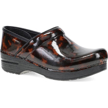 A glossy black and brown tortoiseshell patent leather clog shoe with a black platform sole