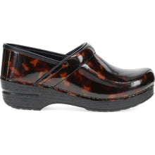 A glossy black and brown tortoiseshell patent leather clog shoe with a black platform sole