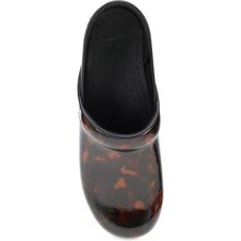 A glossy black and brown tortoiseshell patent leather clog shoe with a black platform sole