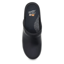 A black waterproofed clog, featuring the Dansko XP 2.0 logo on the insole.
