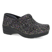 A single black clog shoe covered in dense multicolor glitter