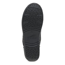 A top-down view of a black shoe sole, showing a textured tread pattern 
