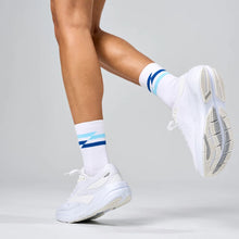 White sneakers and socks with blue accents 