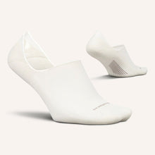 White no show socks with a brand logo 