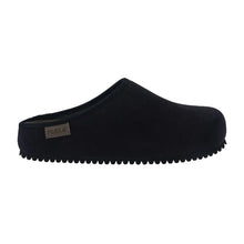 A black slip-on clog shoe with a textured, scalloped edge sole
