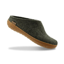 Green slip-on shoe with brown rubber sole