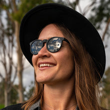Person wearing a black hat and sunglasses with trees in the background