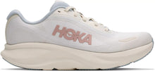 A Hoka running shoe in off-white and light gray with a dusty pink logo on the side, shown against a plain white background.
