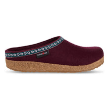 A burgundy wool clog shoe with a patterned trim and a natural cork sole
